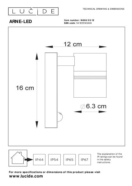 Lucide ARNE-LED IR - Wandspot / Wandlamp Binnen/Buiten - Ø 6,3 cm - LED - GU10 - 1x5W 2700K - IP44 - Beweging & dag/nacht sensor - Mat chroom - technisch
